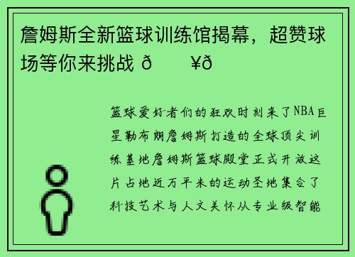 詹姆斯全新篮球训练馆揭幕，超赞球场等你来挑战 🔥🏀